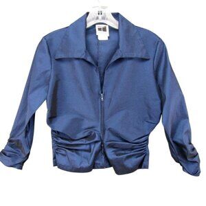 Tadashi Petite Blue Ruched Full Zip Shiny Jacket Size US 8P Party Glam Vintage